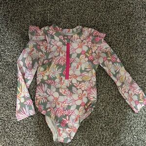 Floral Long Sleeve Swimsuit with Pink Zipper